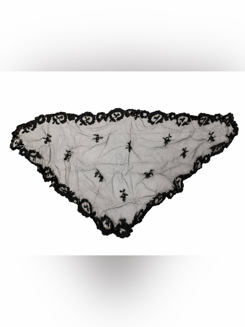 Vintage Black Sheer Lace Triangle Scarf Floral Embroidered Romantic Gothic